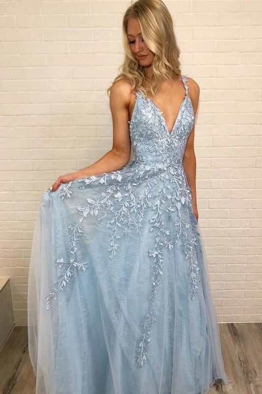 A Line Spaghetti Straps Light Blue Prom Dresses V Neck Lace Appliques Evening Dress