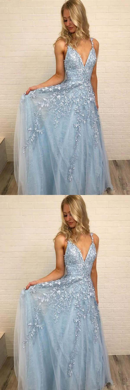 A Line Spaghetti Straps Light Blue Prom Dresses V Neck Lace Appliques Evening Dress