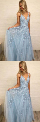 A Line Spaghetti Straps Light Blue Prom Dresses V Neck Lace Appliques Evening Dress