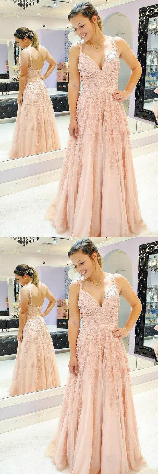 A Line Spaghetti Straps Prom Dresses V Neck Lace Appliques Evening Dress,