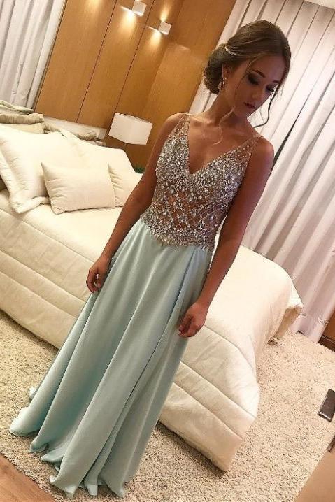 A Line V Neck Light Green Beads Sleeveless Satin Prom Dresses, Long Formal DressesA Line V Neck Long Prom Dresses Light Green Beads Sleeveless Evening Dresses, Long Formal Dresses