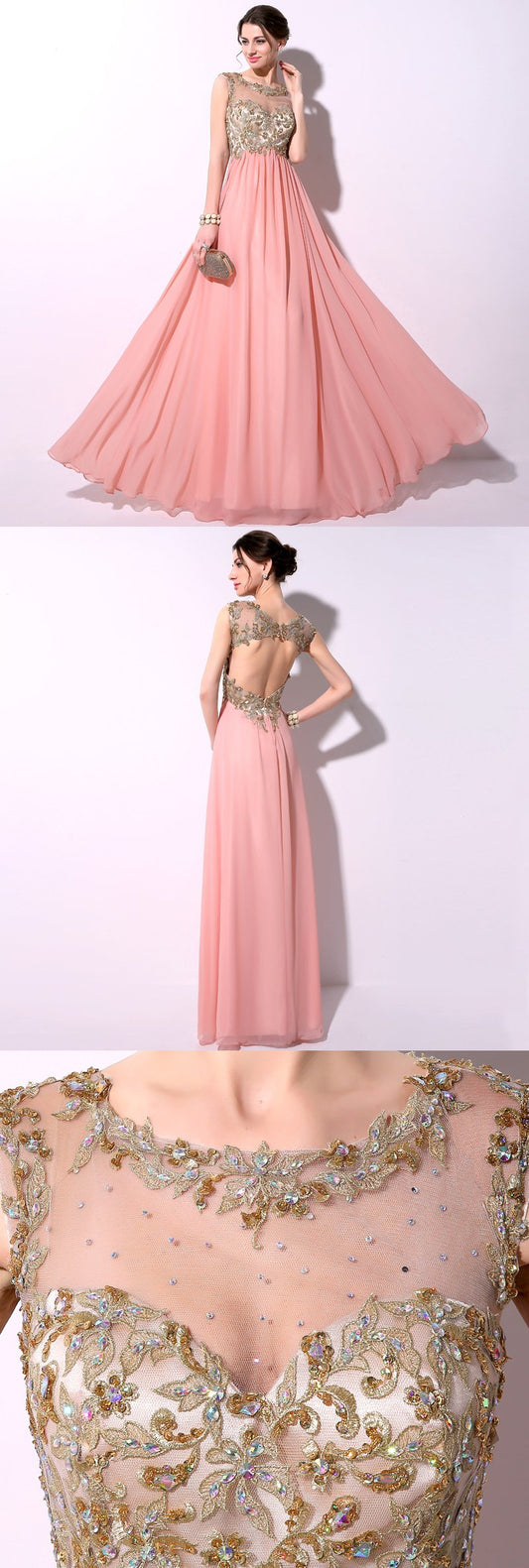 Applique Beaded Long Prom Dresses Cheap Chiffon Evening Dresses A-Line Formal Dresses