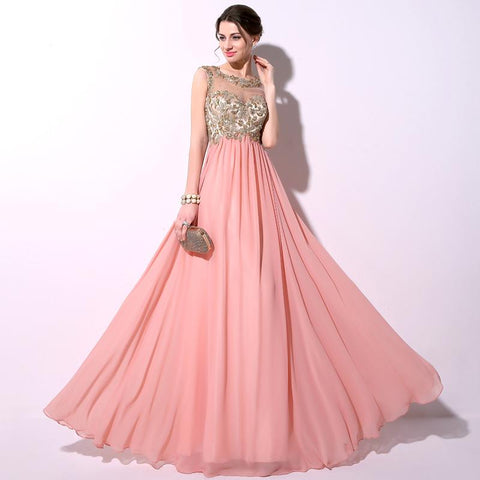 Applique Beaded Long Prom Dresses Cheap Chiffon Evening Dresses A-Line Formal Dresses