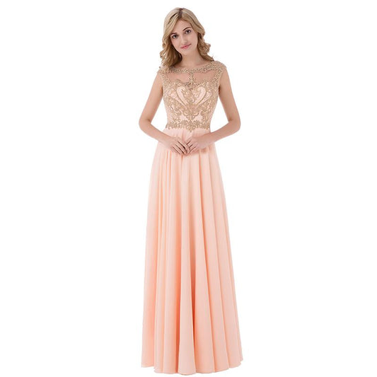 Applique Beaded Long Prom Dresses Dusty Pink Chiffon Evening Dresses A-Line Formal Dresses