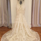 cap sleeves v-neck mermaid long lace ivory wedding dress, WD105