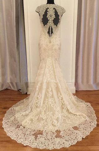 cap sleeves v-neck mermaid long lace ivory wedding dress, WD105