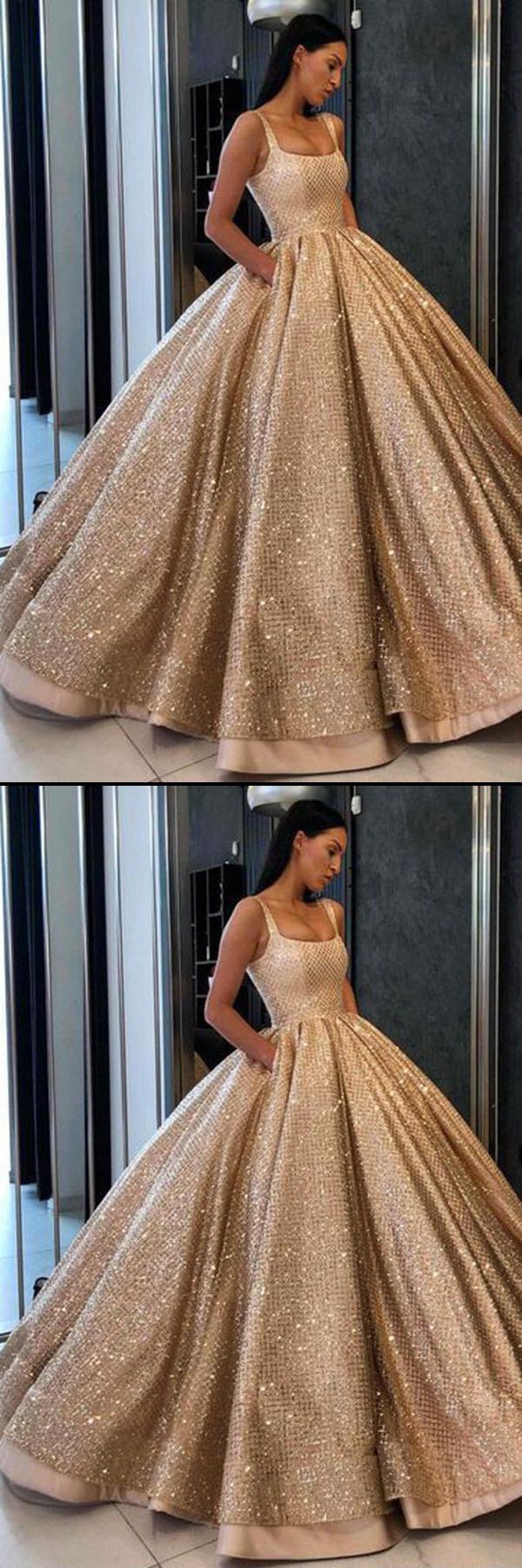 Ball Gown Prom Dress with Pockets Beads Sequins Evening Dresses Floor-Length Gold Quinceanera Dresses
