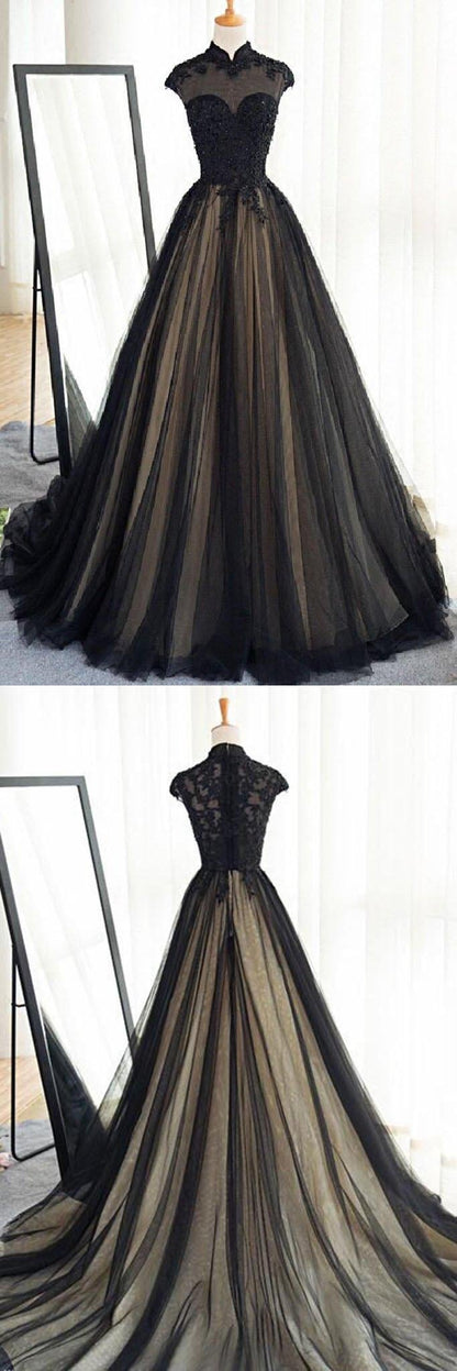 Black tulle cap sleeves floor-length long prom dresses,luxury dresses