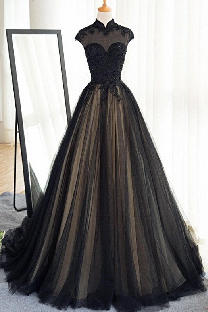 Black Tulle Cap Sleeves Floor-Length Long Prom Dress | Luxury Dress | JLDressCA Black Tulle Cap Sleeves Floor-Length Long Prom Dress | Luxury Dress | JLDressCA