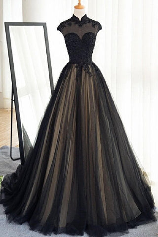 Black tulle cap sleeves floor-length long prom dresses,luxury dresses