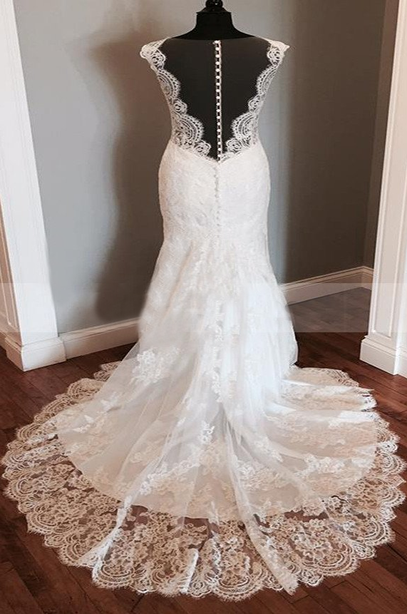 cap sleeves white lace long wedding dress, WD110
