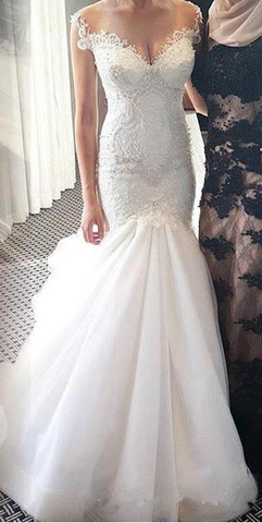 charming long train white beaded long mermaid lace wedding dress, WD102