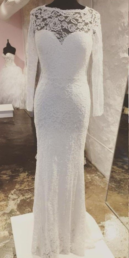 modest scoop white lace mermaid long sleeves open back wedding dress, WD109