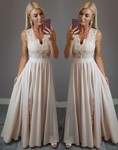 lace v-neck side slit chiffon long prom dress, PD5872