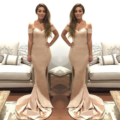 small train side slit off shoulder mermaid long evening dress, BD6445