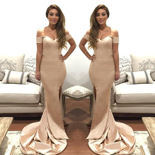 small train side slit off shoulder mermaid long evening dress, BD6445