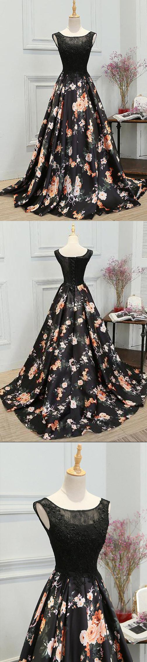 Chic A-Line Scoop Satin Black Lace up Sleeveless Long Flowers Prom Dresses