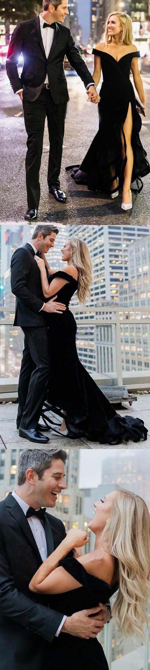 Chic Off the Shoulder Short Sleeves V Neck Long Black Prom Dresses With Slit