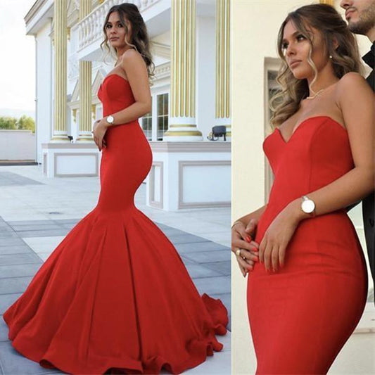 Chic Strapless Sleeveless Sweetheart Mermaid Satin Full-length Prom Dresses