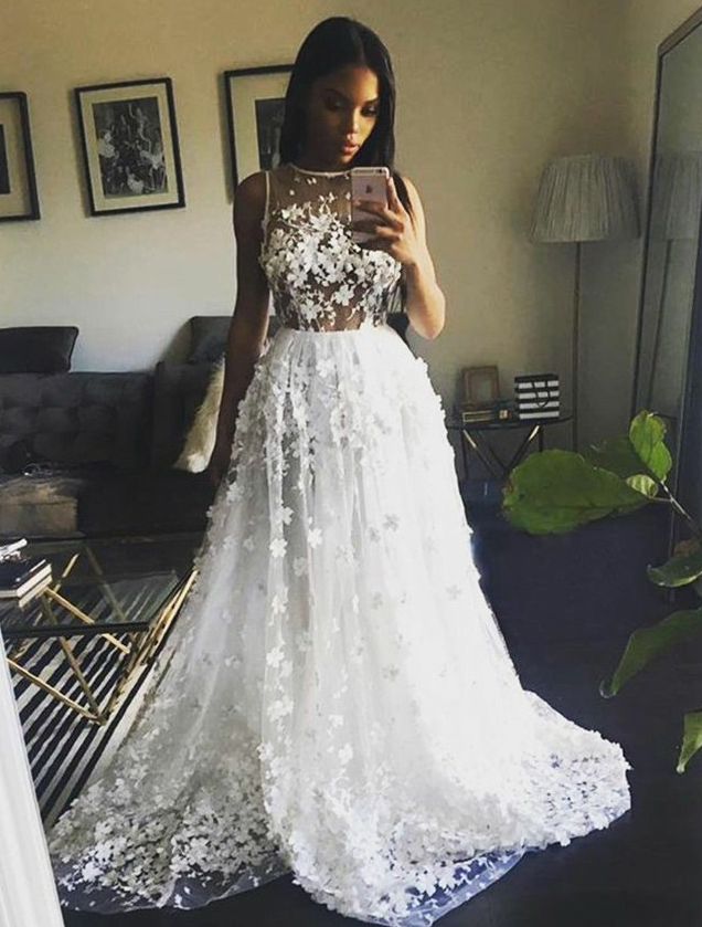 charming white lace long elegant prom dress, BD5471