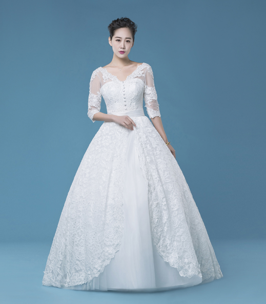 Long sleeves lace v-neck wedding dress, vintage wedding dress, WD76