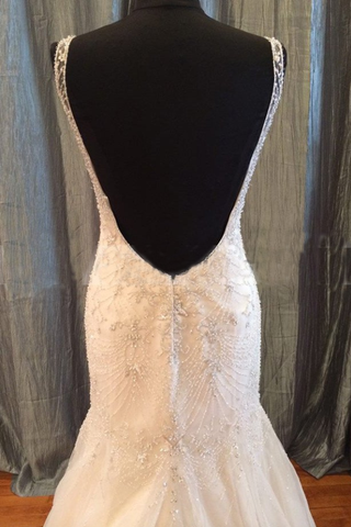 charming long beaded v-neck white tulle backless mermaid wedding dress, WD103