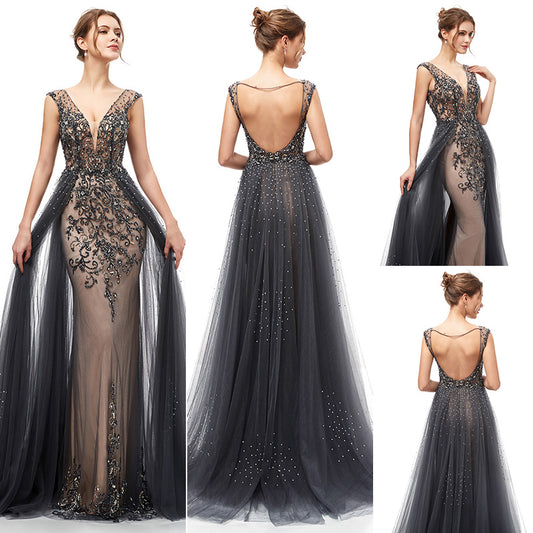 Sequin Beaded V Neck Prom Dresses Long Mermaid Evening Ball Gown Whit Train Dark Grey,LX5406