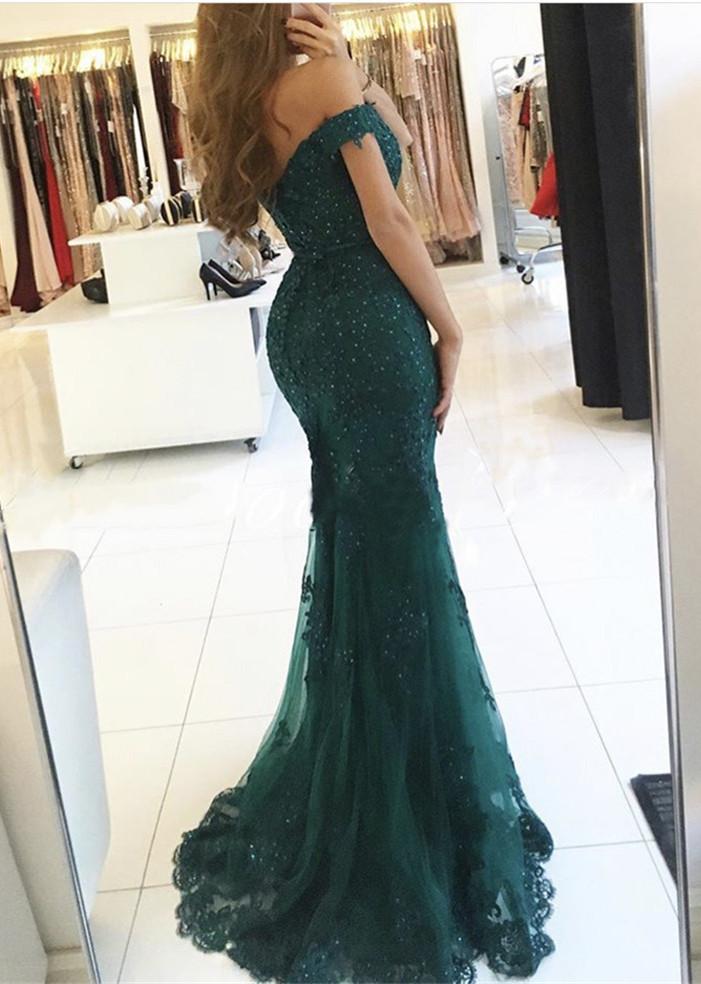charming elegant lace beaded off shoulder mermaid long prom dress, PD1372