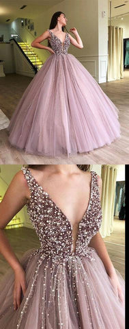 Deep V-Neck Long Prom Dresses Beaded Evening Dresses Tulle Ball Gowns Formal Dresses