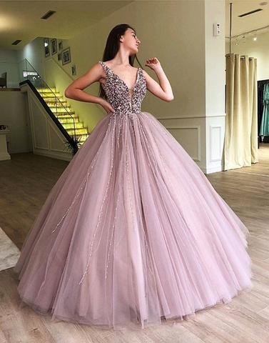 Deep V-Neck Long Prom Dresses Beaded Evening Dresses Tulle Ball Gowns Formal Dresses