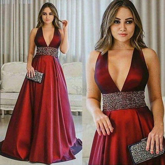 Deep V-Neck Long Prom Dresses Red Satin Evening Dresses A-Line Formal Dresses