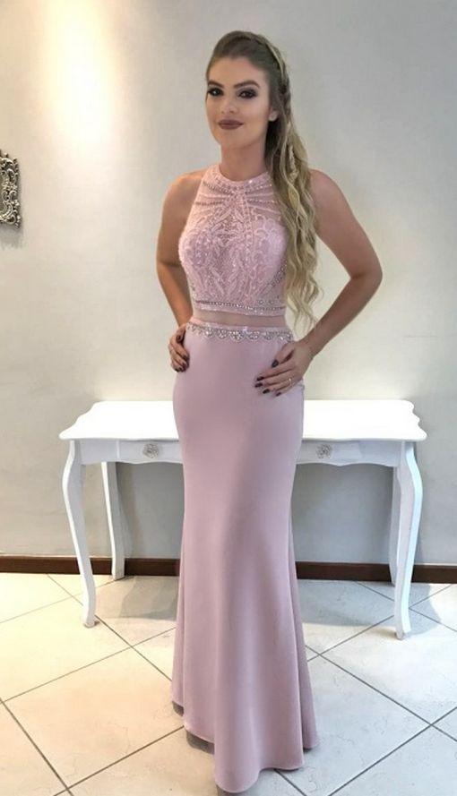Dusty Pink Beaded Long Prom Dresses Mermaid Evening Dresses Backless Formal Dresses