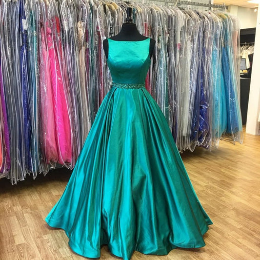 A-line green satin simple long formal prom dresses, PD5457