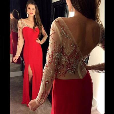 red prom dress, long prom dress, side slit prom dress, formal prom dress, long sleeves evening dress, BD33