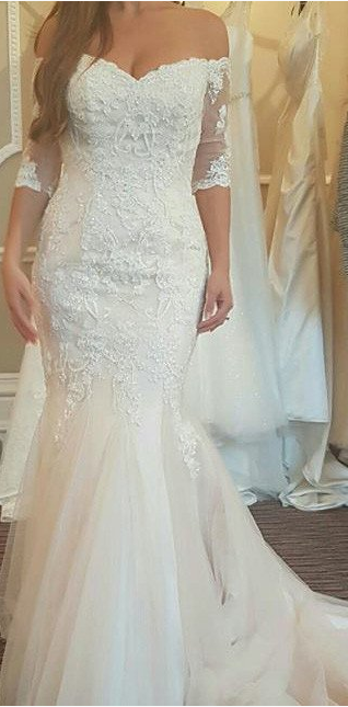 2020 mid-sleeves elegant off shoulder mermaid ivory lace wedding dresses, WD101