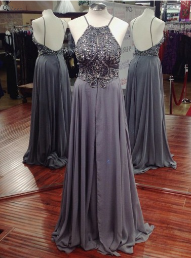 gray prom dress, long prom dress, chiffon prom dress, beaded prom dress, spaghetti evening dress, BD524