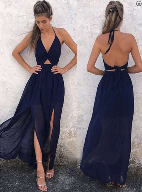 blue two pieces halter prom dress, backless evening dress, PD4120