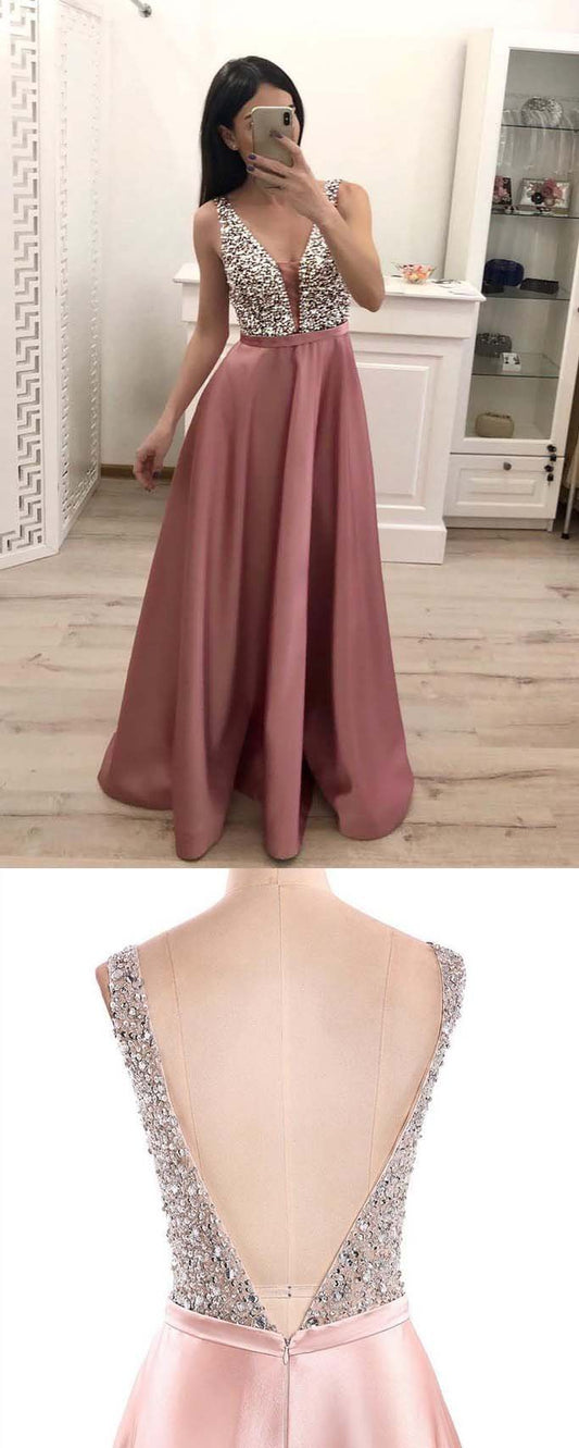 Elegant A Line V Neck Beading Prom Dresses Straps Satin Evening Dresses