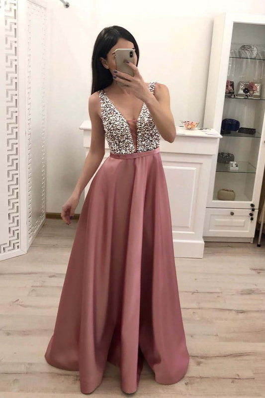 Elegant A Line V Neck Beading Prom Dresses Straps Satin Evening Dresses