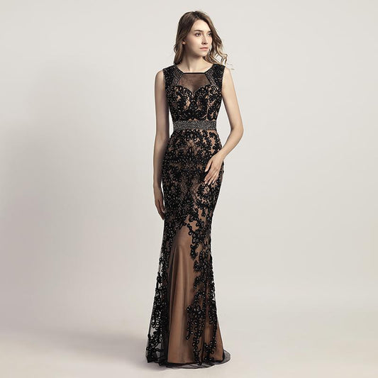 Elegant Applique Beaded Long Prom Dresses Mermaid Evening Dresses Sleeveless Black Formal Dresses