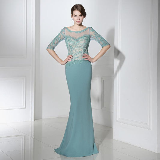 Elegant Applique Long Prom Dresses Mermaid Evening Dresses Half Sleeve Beaded Formal Dresses