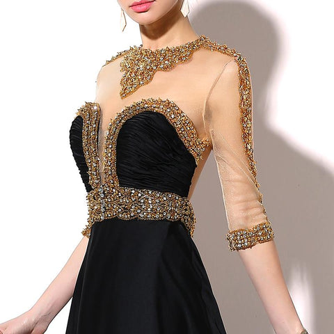 Elegant Beaded Long Prom Dresses Black Backless Evening Dresses Half Sleeve Formal Dresses