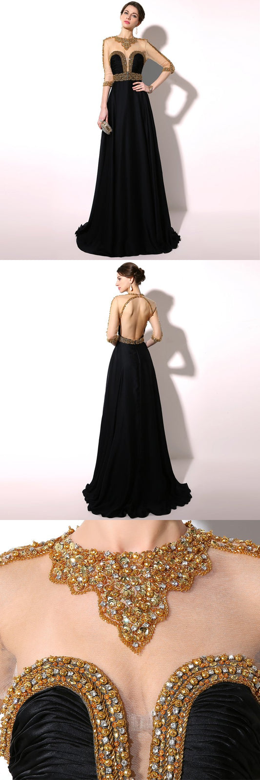 Elegant Beaded Long Prom Dresses Black Backless Evening Dresses Half Sleeve Formal Dresses