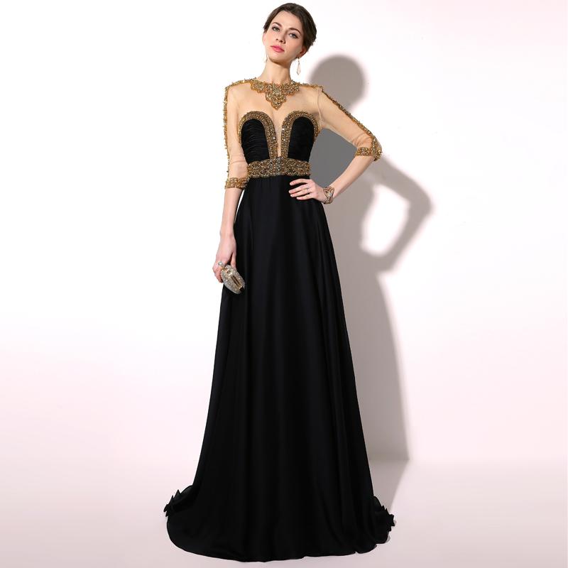Elegant Beaded Long Prom Dresses Black Backless Evening Dresses Half Sleeve Formal Dresses