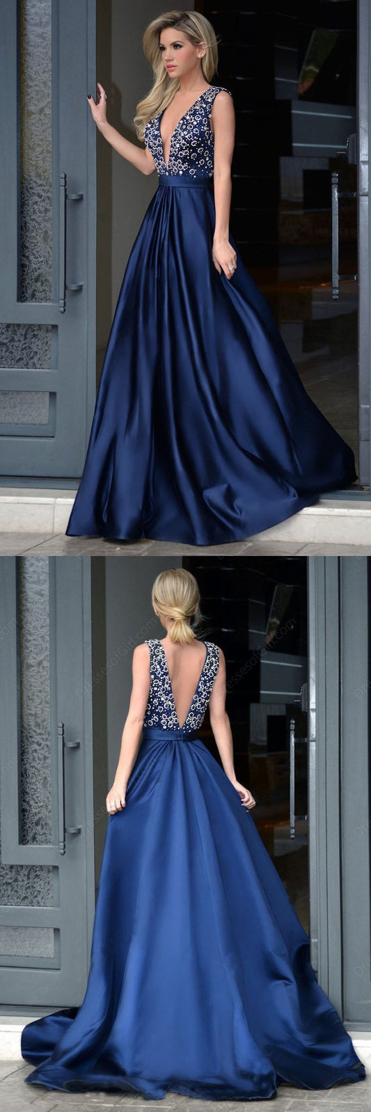 Elegant Beaded Long Prom Dresses Deep V-Neck Evening Dresses Satin A-Line Formal Dresses