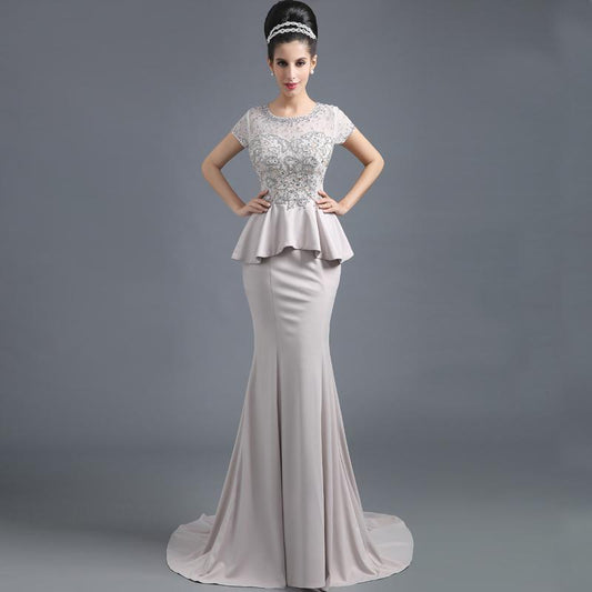 Elegant Beaded Long Prom Dresses Mermaid Evening Dresses Short Sleeve Formal Dresses