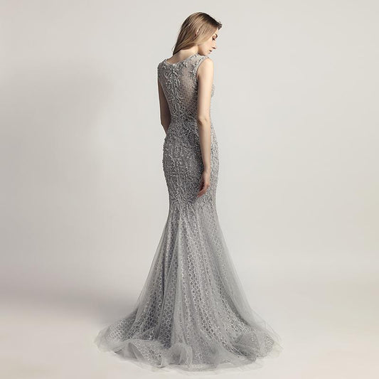 Elegant Beaded Long Prom Dresses Pearls Evening Dresses Mermaid Sleeveless Formal Dresses