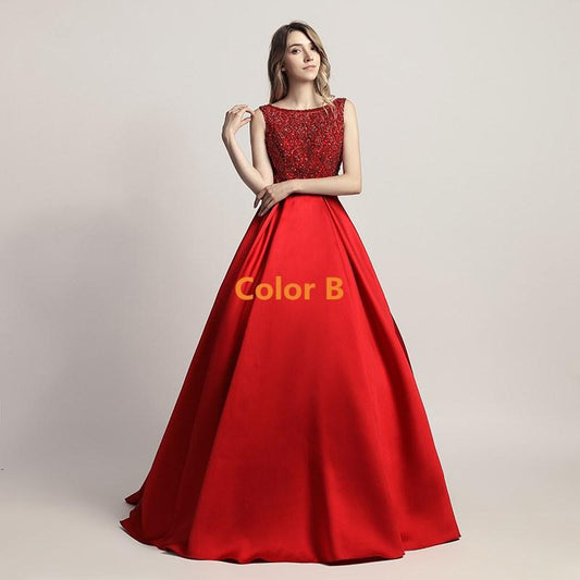 Elegant Beaded Long Prom Dresses Satin A-Line Evening Dresses V-Back Formal Dresses