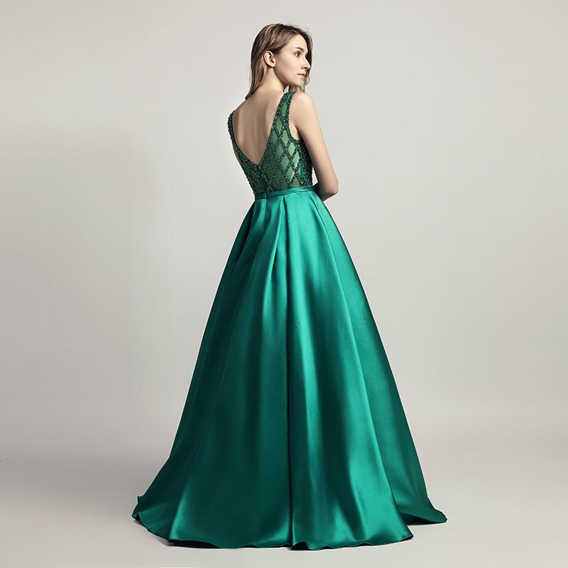 Elegant Beaded Long Prom Dresses Satin A-Line Evening Dresses V-Back Formal Dresses