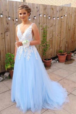 Elegant Blue Chiffon A line V Neck V Back Tulle Lace Long Prom Dresses, Evening Dress